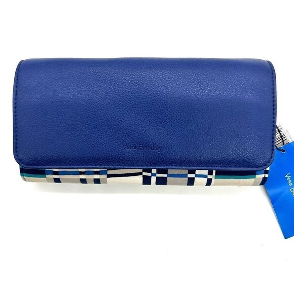 Vera Bradley RFID Audrey Faux Leather and Fabric Wallet Blue White Gray Plaid - Picture 1 of 12